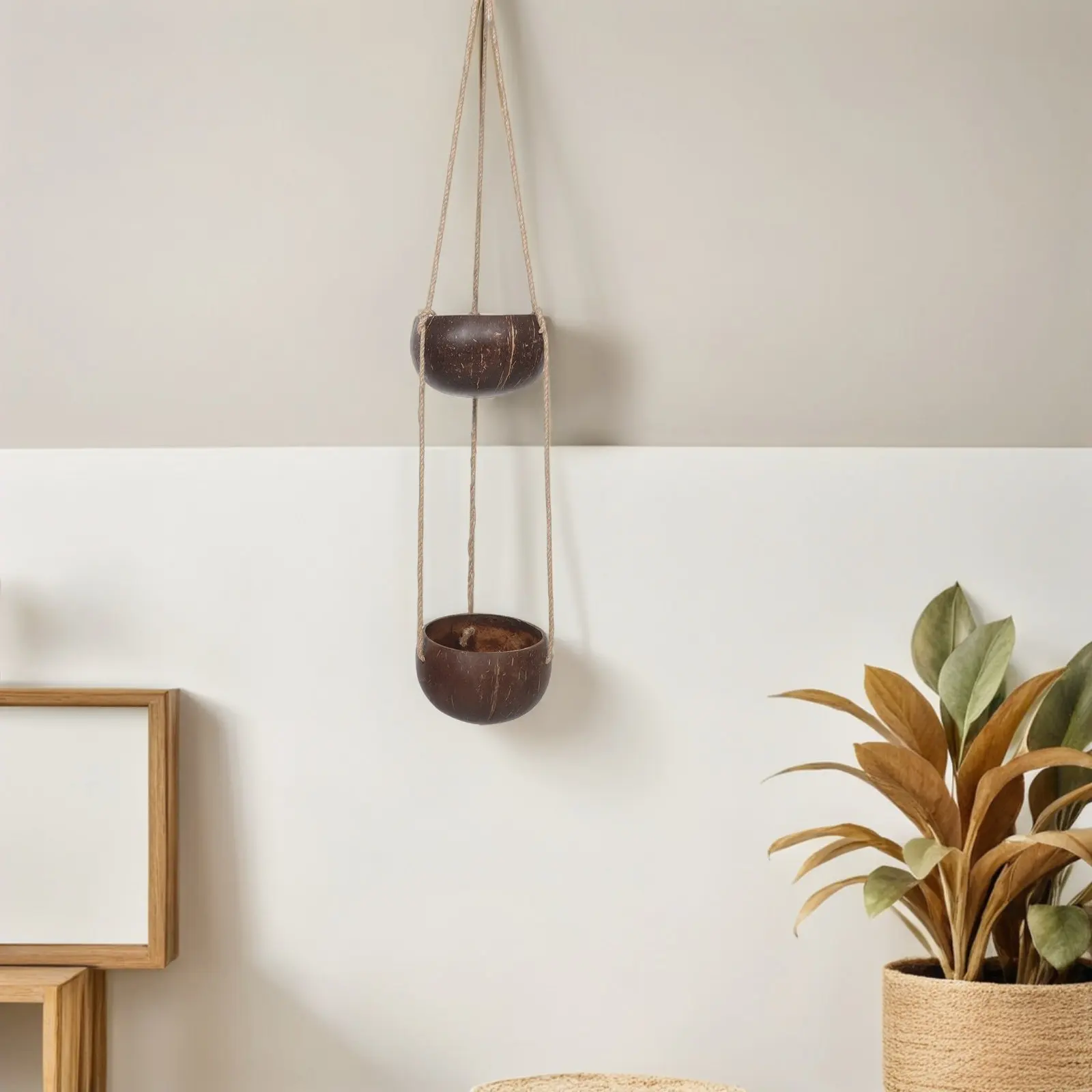 Double Hanging Coconut Shell Flower Pot 2-Tier Planter Indoor Hanging Plant Basket Wall Planter Bedroom Living Room Decoration