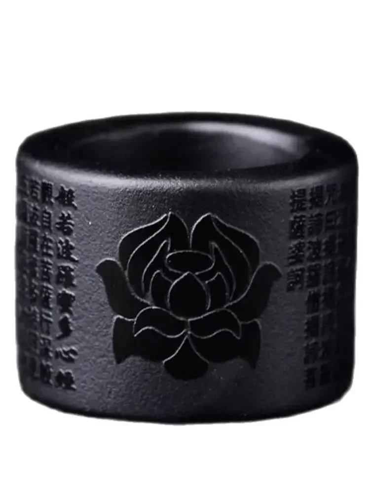 Wonderful 35mm Outside Natural Black Obsidian Carved Lucky Lotus Buddhism Heart Sutra Large Thumb Ring Fine Man's Rings Jewelry