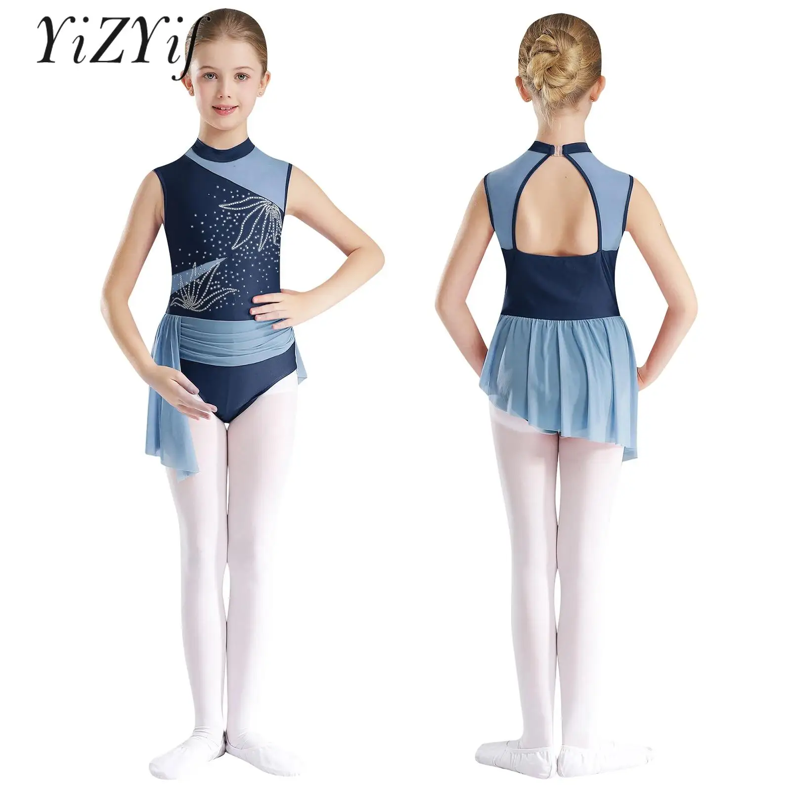 Girls Flowers Pattern Dancewear Skirted Gymnatics Athletic Activewear Jumpsuit Figure Skating Ballet Dance Costume Cutout Back