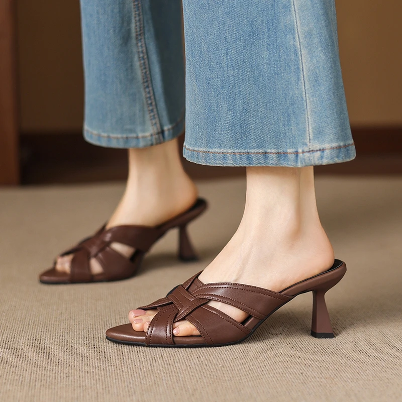 

Women's new summer genuine leather cowhide pointed toe high heels, plus size retro fish mouth slippers, fashion shoes