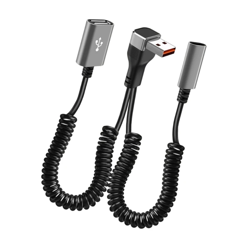  Flexible 90 Degree Angled Data Cord USB Spring Coiled Charging Cable Line with PVC Metal Construction 35cm-150cm