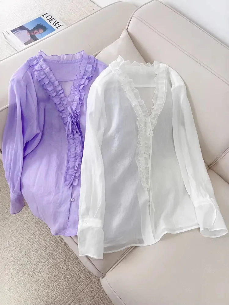 

Ele Gentle Sle Women's Long Sve Linen irt Thin Single Button Cardigan Top with Bow Tie for Commuting And Casual Wear