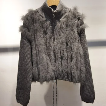 2024 새로운 여성 겨울 긴 소매 짧은 가디건 지퍼 리얼 폭스 모피 트림 터틀넥 캐주얼 리얼 모피 스트라이프 자켓