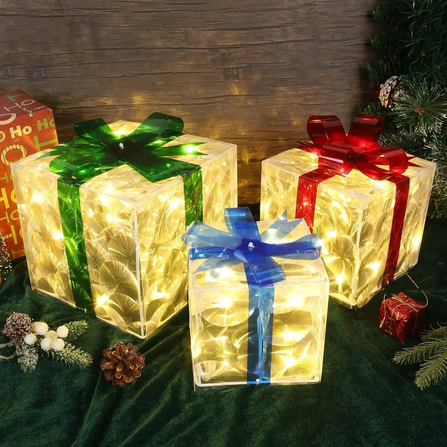 

3pcs Christmas Light up Gift Boxes Glowing Decoration Folding Box With Bow LED Lighting Luminous Party Desktop Present Ornament