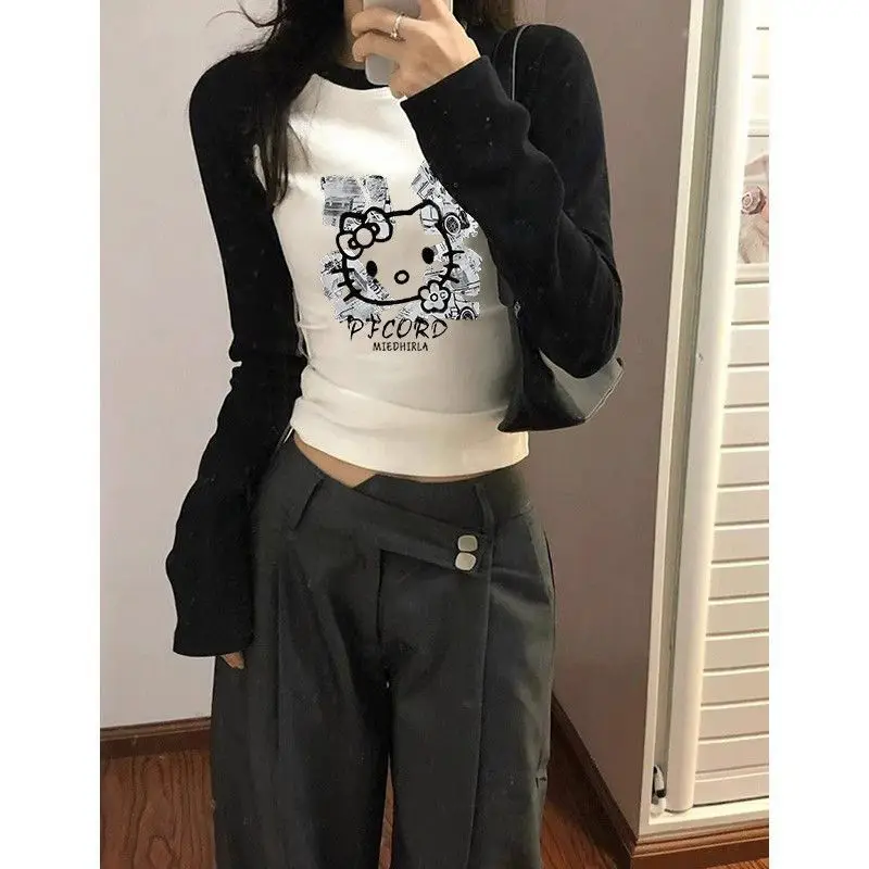 New Sanrio Hello Kittys Long Sleeve T-Shirt for Women Cute Printed Tops Spring Autumn Korean Hot Girls Sexy Slim Tops Trend Tees