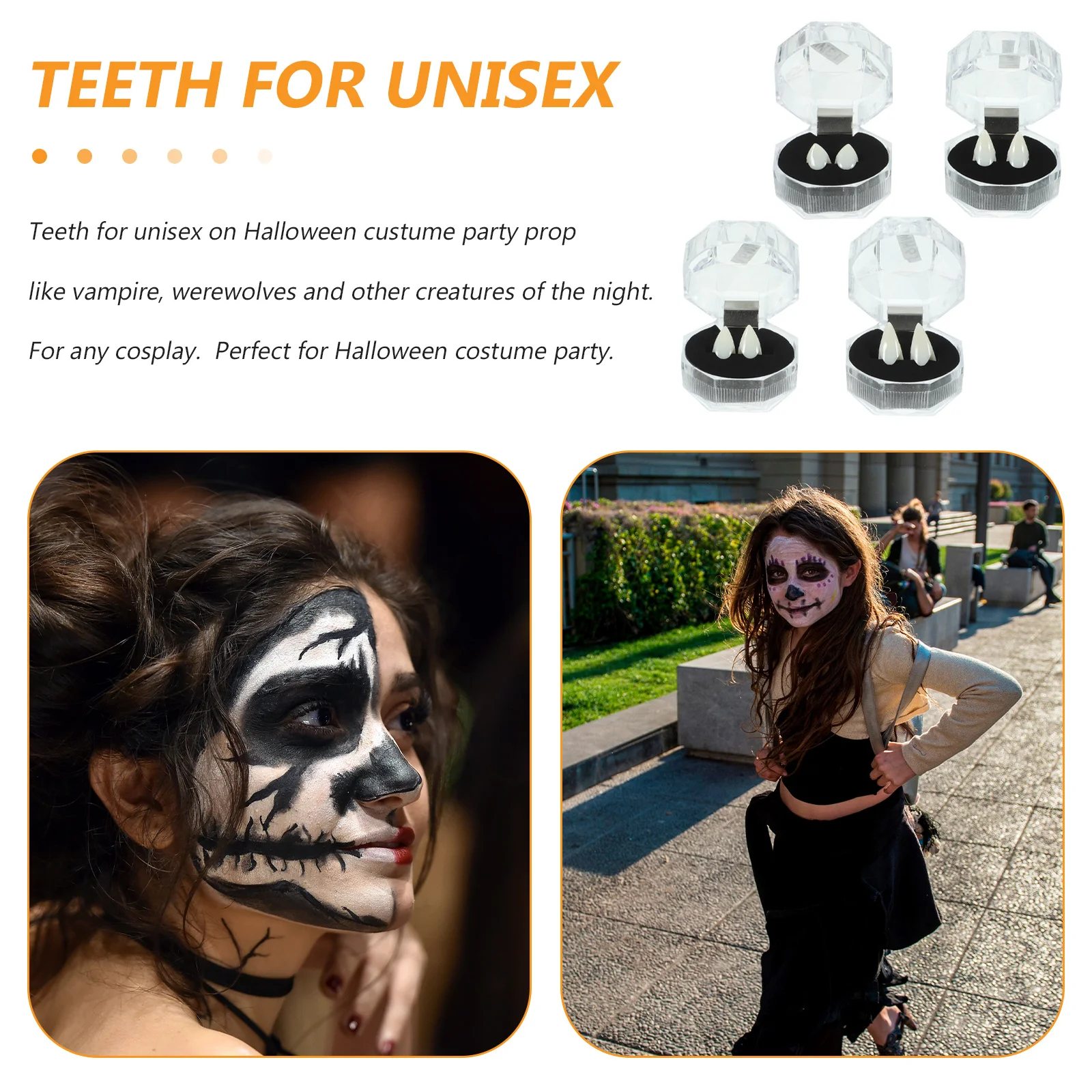

4pcs Realistic Vampire Fangs Dentures Set 13Mm 15Mm 17Mm 19Mm Clear Box Halloween Costume Party Teeth Caps Cosplay