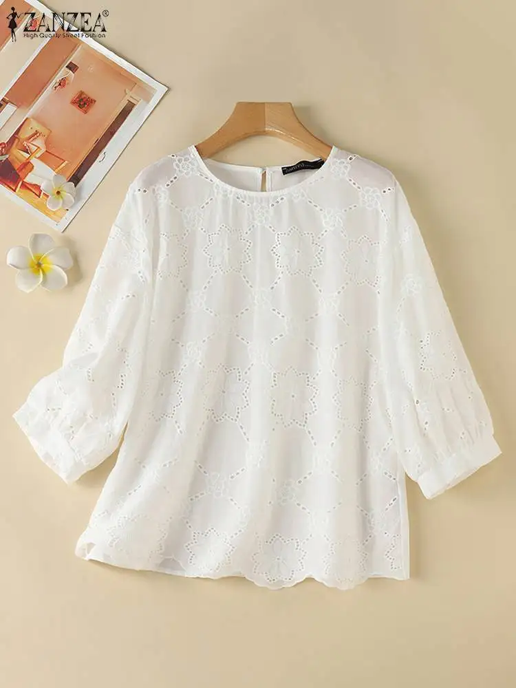 ZANZEA Fashion Autumn Lace Crochet Blouse Women O Neck 3/4 Sleeve Shirt Casual Summer Embroidery Tops Loose Hollow Out Blusas