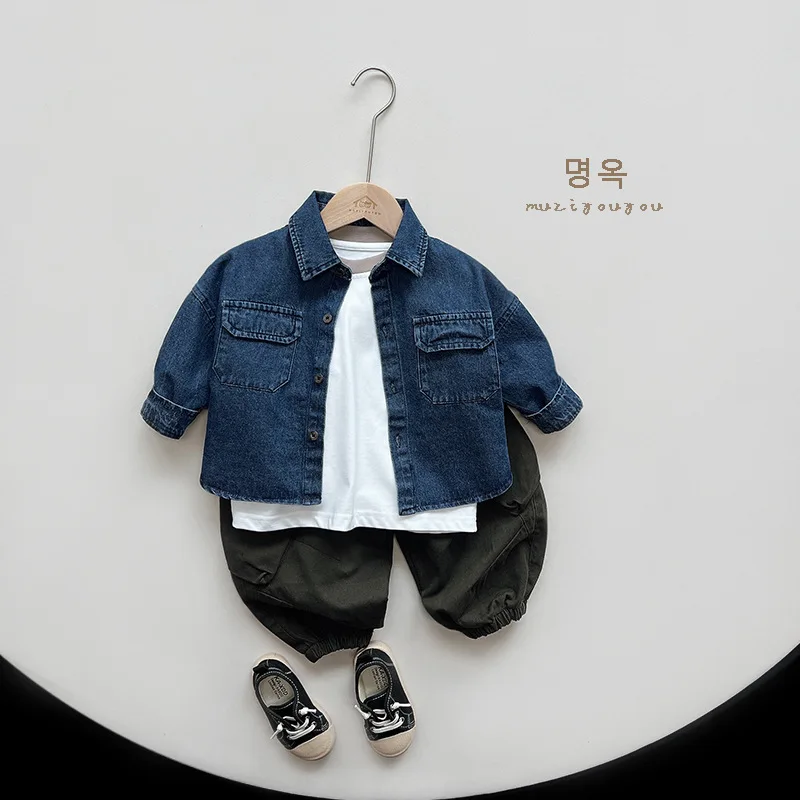 2024 Latest Kids Denim Blouse Boys Girls Cowboy Blue Shirt Children's Fashion Casual Top