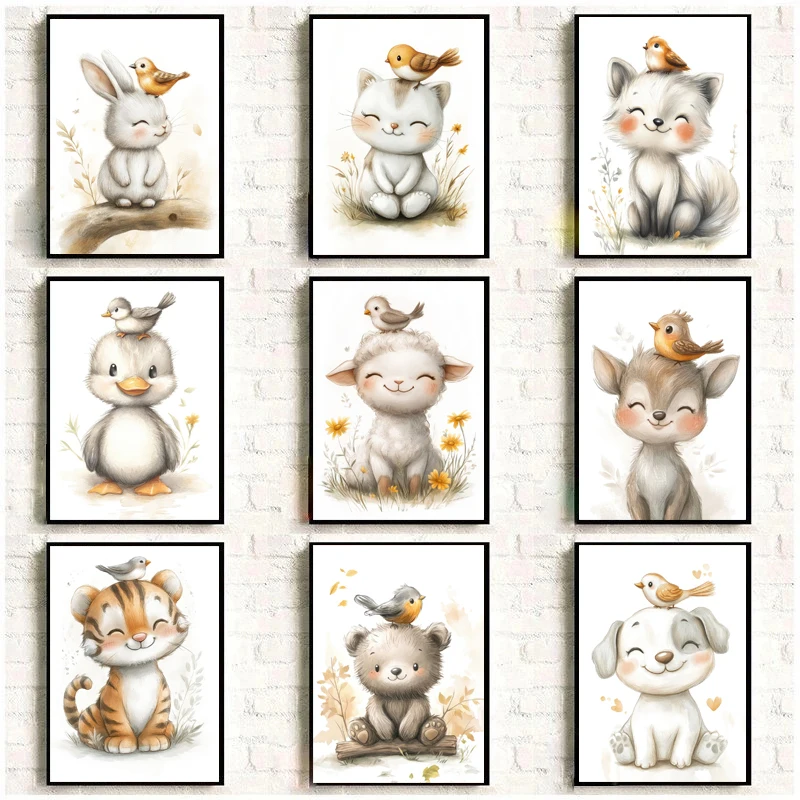 1PC--Cartoon Abstract Cute Bird on Animal Baby Head Poster Canvas Art Painting Prints Home Children's Room Wall Pictures Deco