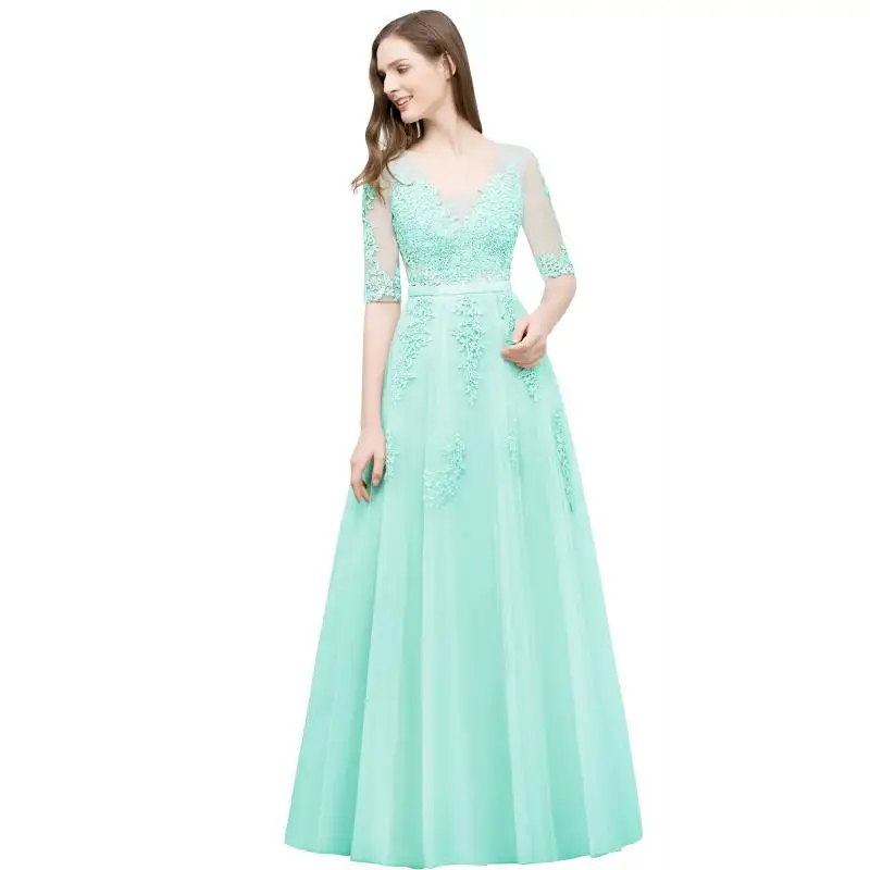 

Elegant Half Sleeve Evening Dresses Lace Appliques Tulle Strap V-Neck Sheer Backless Prom Dress Empire A-Line Long Party Gowns