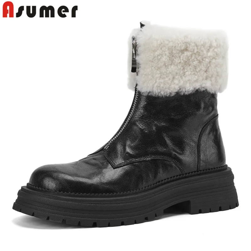 

ASUMER 2024 New Nature Genuine Leather Boots Women Zipper Wool Insole Warm Thick Fur Platform Warm Winter Ankle Boots