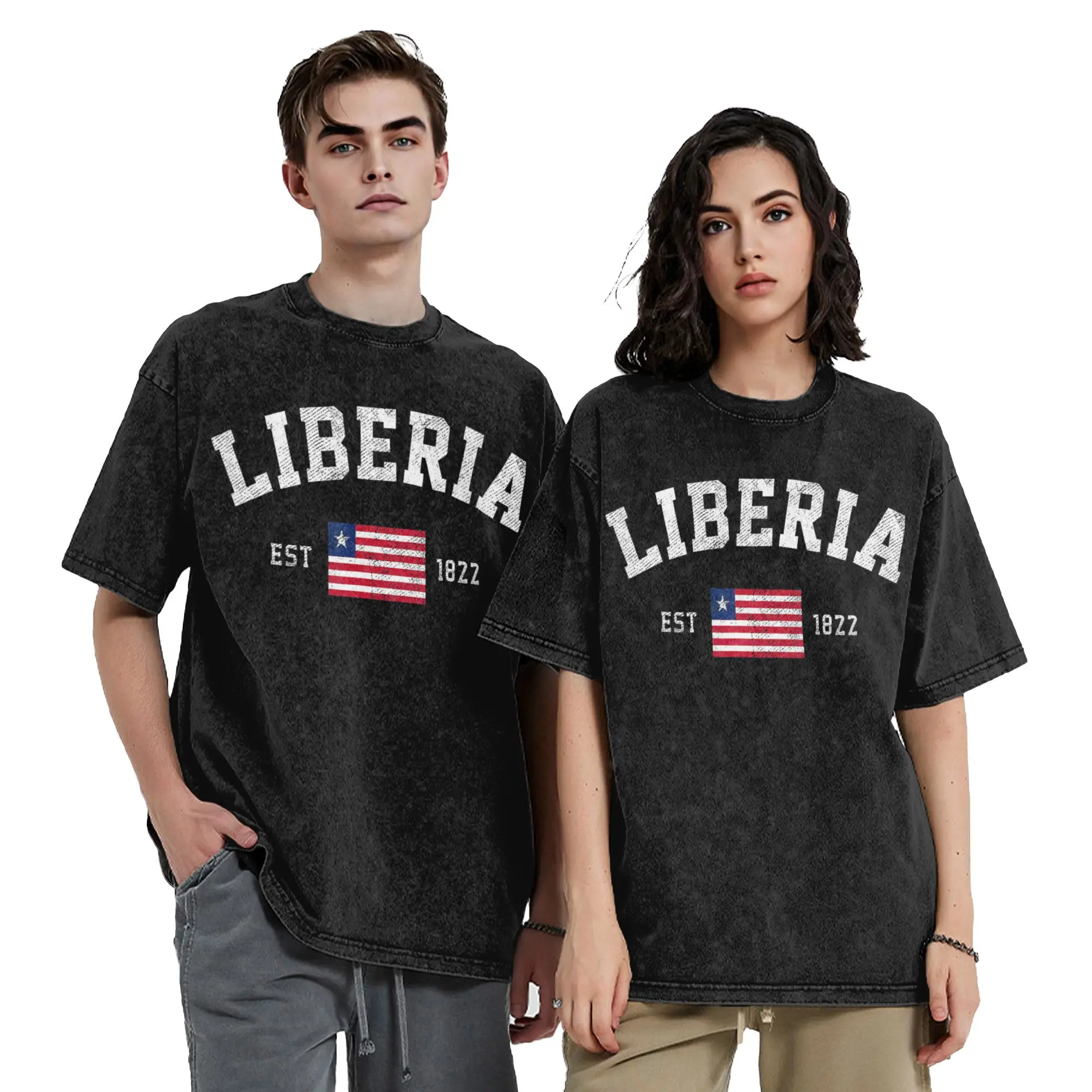Liberia Est. 1822 Liberian Flag Independence Day Washed T Shirt Streetwear Vintage T-Shirt  Tees Tops Men Women Cotton Summer