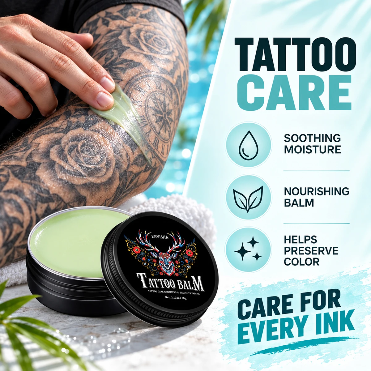Tattoo-Hautpflege-Balsam-Creme, tiefenwirksam feuchtigkeitsspendend und nährend, für die Anwendung nach dem Tätowieren, hellt auf, sorgt für eine langanhaltende Farbfixierung, reizt nicht. – Detail 9