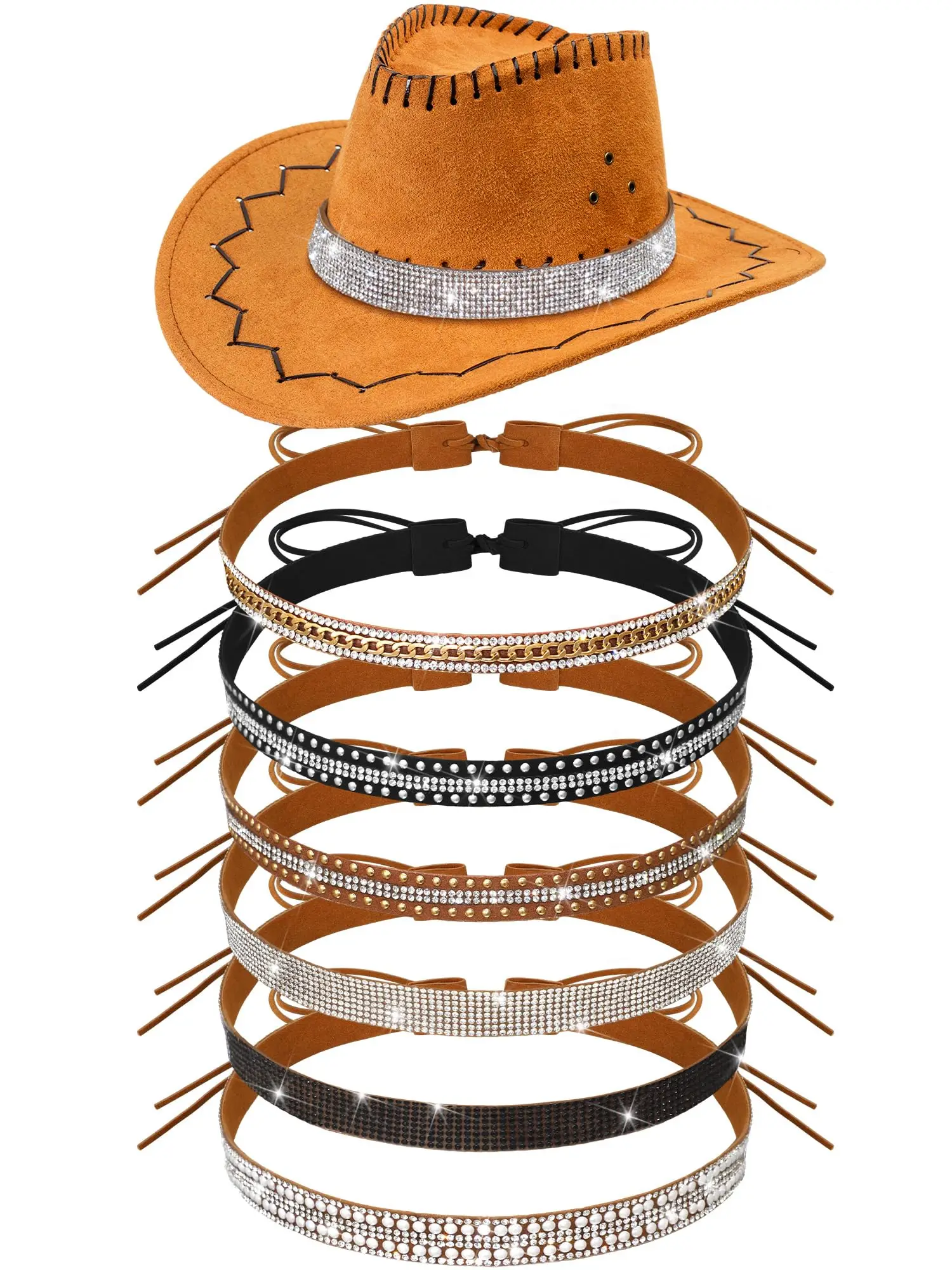 6 Pcs Bling Rhinestone Hat Band Rhinestone Cowboy Hat Bands Western Style Hatbands for Women Men