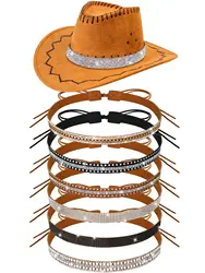 6 Pcs Bling Rhinestone Hat Band Rhinestone Cowboy Hat Bands Western Style Hatbands for Women Men