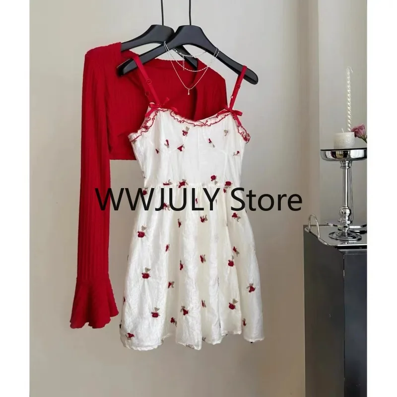 Summer Woman Korean Fashion Suit Kawaii Floral 2 Piece Dress Set Elegant Short Cardigan Beach Sleeveless Y2k Mini Dress Chic