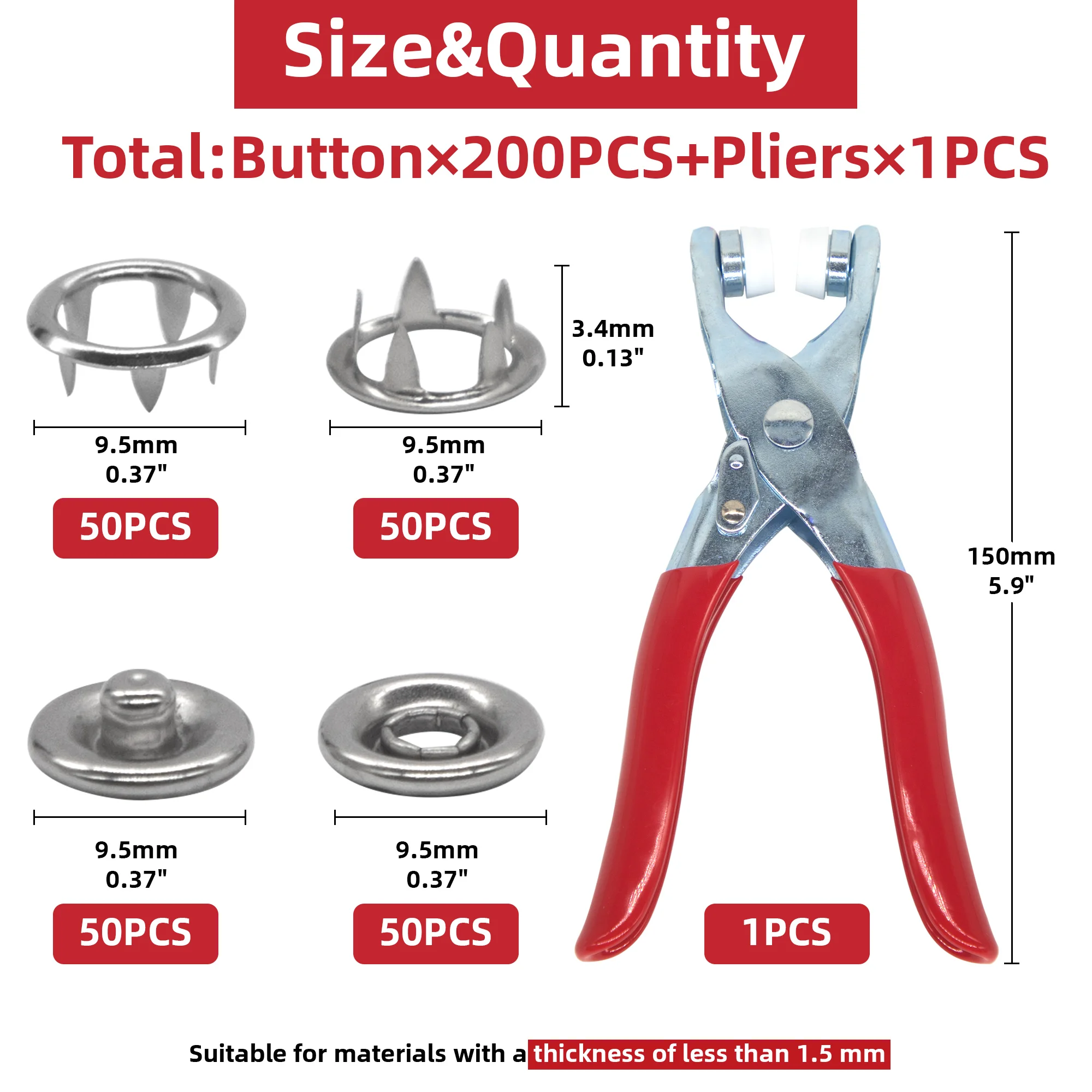 50 Sets Snap Fasteners Kit Tool, Metal Snap Buttons Rings with Fastener Pliers Press Tool Kit for Clothing Sewing