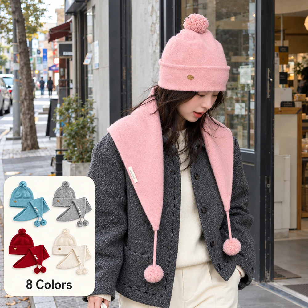 Women Winter Hat Scarf Set Knitted Pom Pom Beanie Cuffed Cap Triangle Shawl Neck Wrap Korean Style Warm Outdoor Accessories