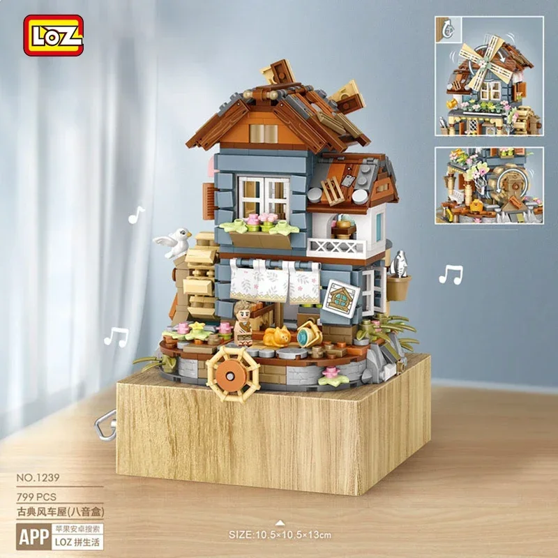 Original LOZ Building Blocks 799PC SClassical Windmill Music Box Assembly Desktop Decoration Model Children\'s Toys Birthday Gift