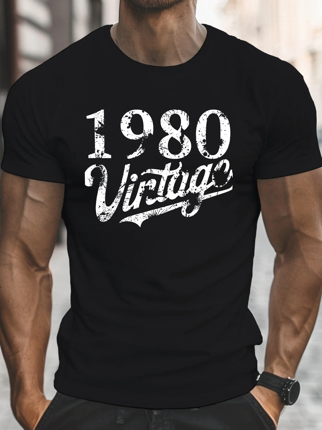 Men's Retro 1980S Printed T-Shirt, Casual Round-Neck Short-Sleeve Top, Knitted Fabric, Slightly Stretchy, Regular Fit, Lightweight Summer T-Shirt
