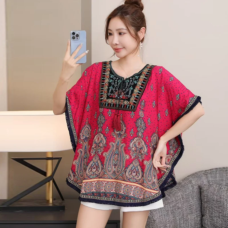 Camicette in cotone Bobo stampato stile etnico Camicie da donna Grembiule Abiti estivi per protezione solare Top casual con nappa ricamata allentata