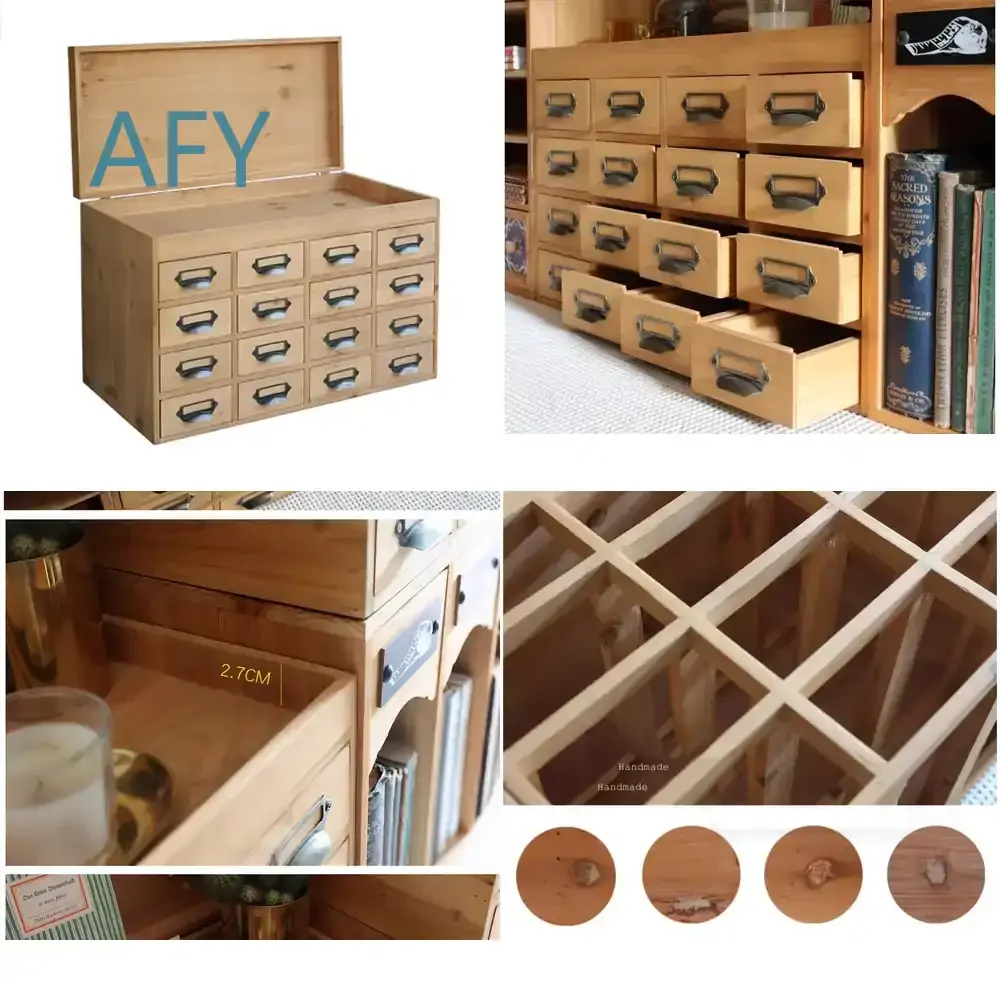 Handmade Primitive Original 16 Drawers Wood Desktop Box Mini Cabinet with Top Opening for Home Office Bedroom Living Room