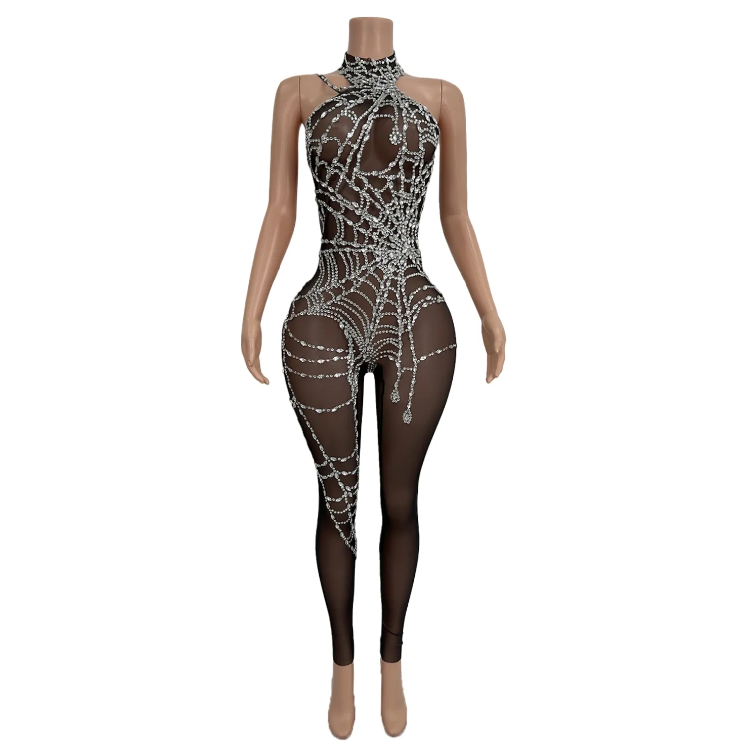 

Drag Queen Club Pole Dance Bodycon Clothing Sparkly Rhinestone Sheer Mesh SexyJumpsuit Woman Birthday Celebrate Party Jumpsuit