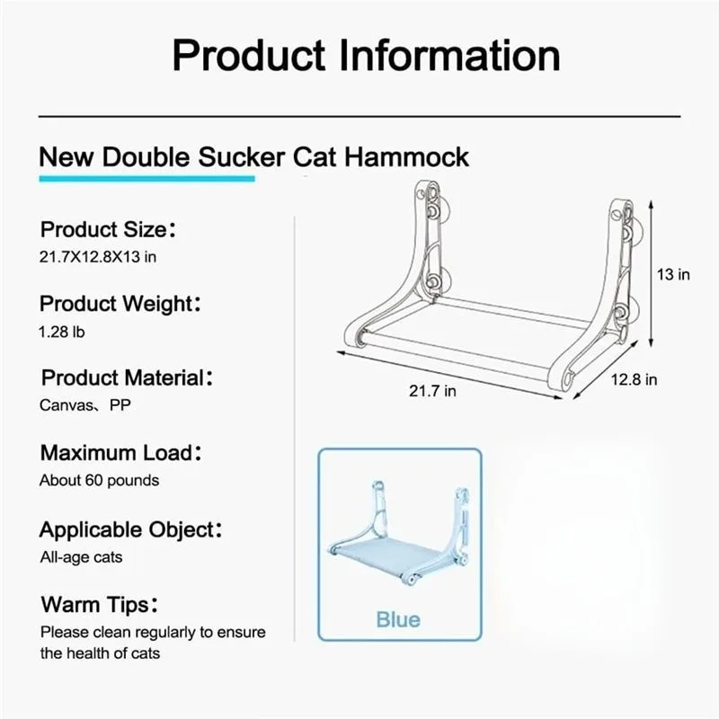1Pc Blue Cordless Cat Window Perch Hammock with 4 Strong Suction Cups Sturdy Frame Soft Removable Double Fabric Cushion Cover Safe Comfort Window Bed for Indoor Cats view 6