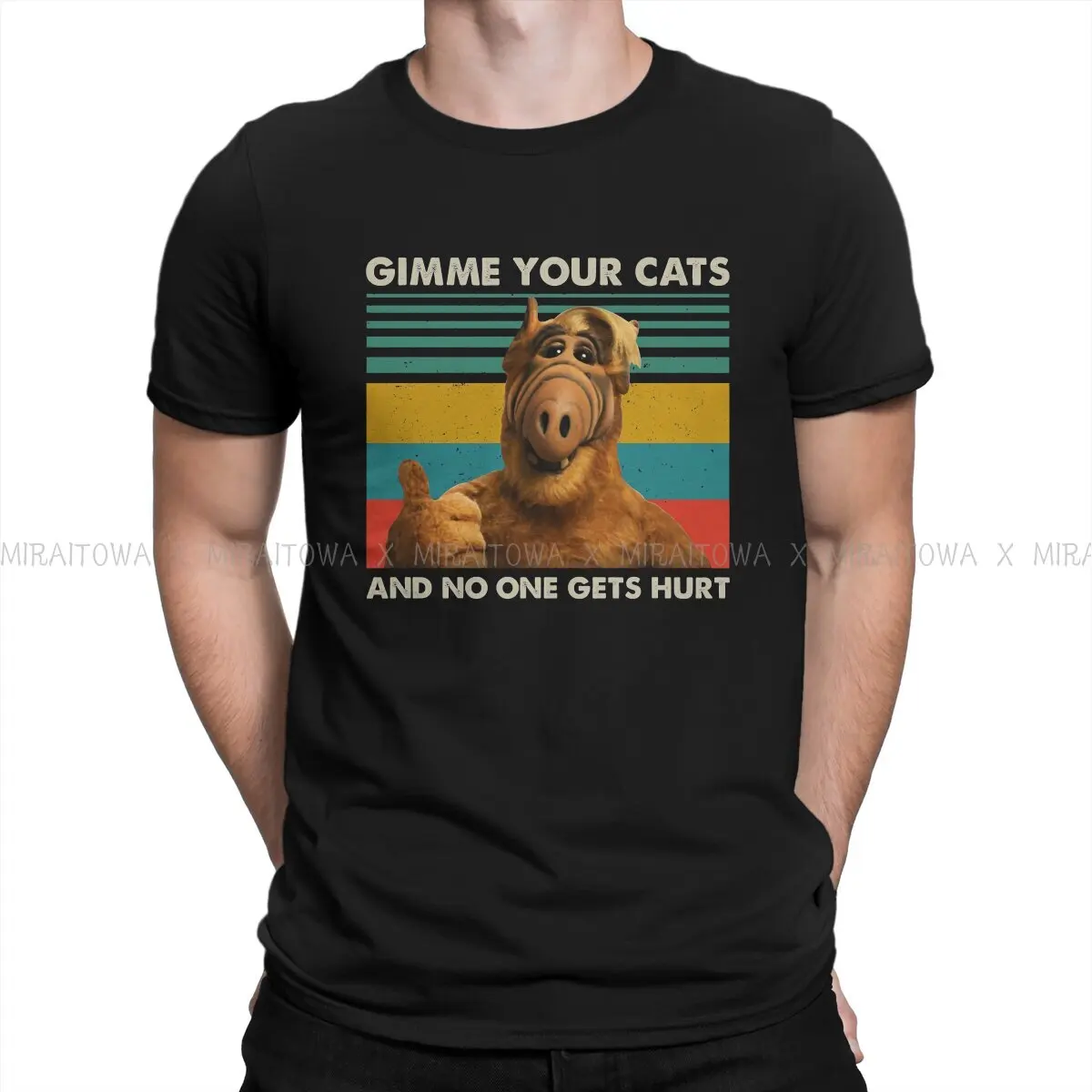 ALF The Animated Series Newest TShirt for Men Retro Gimme Your Cats Pure Cotton T Shirt Hip Hop Gift Clothes Streetwear