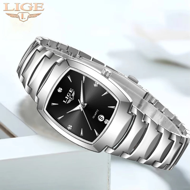 

LIGE квадратные модные роскошные элегантные кварцевые часы для женщин, повседневные деловые часы из нержавеющей стали с водонепроницаемым датой, женский подарок + коробка