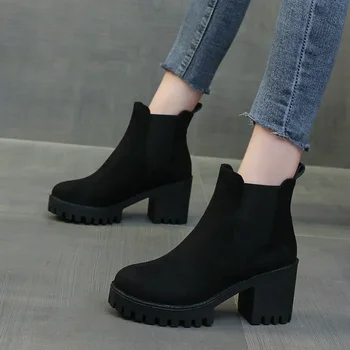 Herbst Damen-Chelsea-Stiefel aus Wildleder mit klobigem Absatz, 2023, Winter, neue Slip-on-Plateauschuhe für Damen, Kleid, Büro, Damen-Stiefeletten