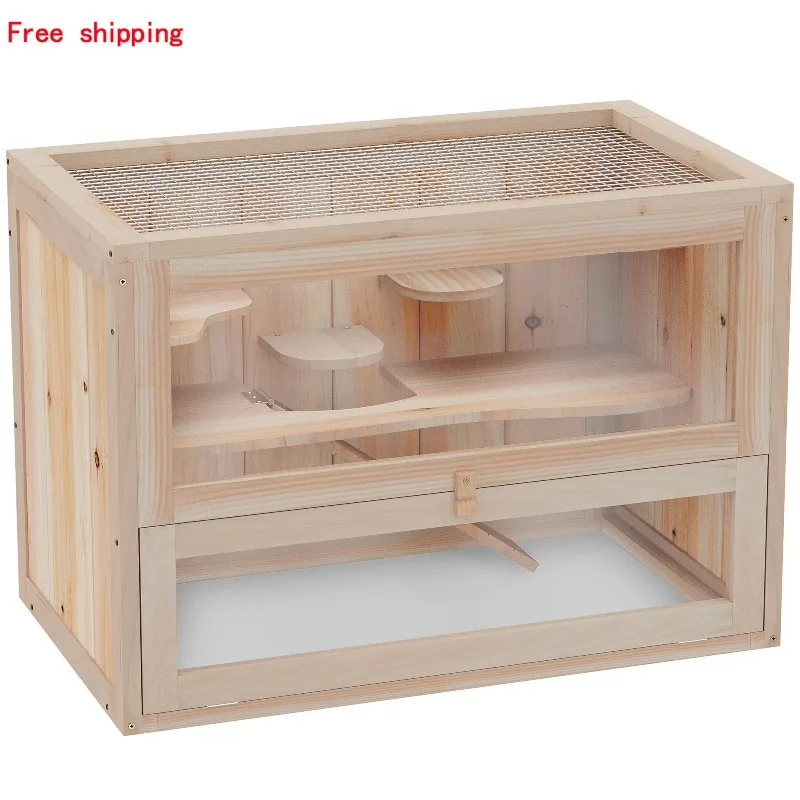 

Hamster Cage 23.5x13.75x16.5 Inch Wooden Gerbil Habitat with Openable Wire Mesh Roof 2 Levels Ramp Clear Front for Small
