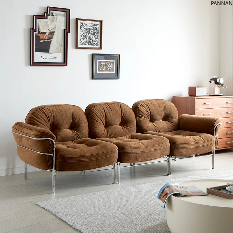 

Furniture retro sofa small apartment straight row chenille fabric brown living room medieval sofa