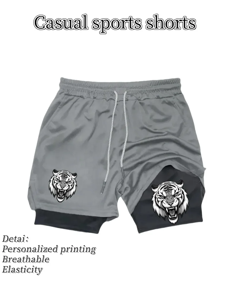 شورت رياضي رجالي سريع الجفاف شورت شبكي يسمح بالتهوية مع تصميم طباعة النمر في صالة الألعاب الرياضية برباط مطاطي وحزام خصر للتمرين