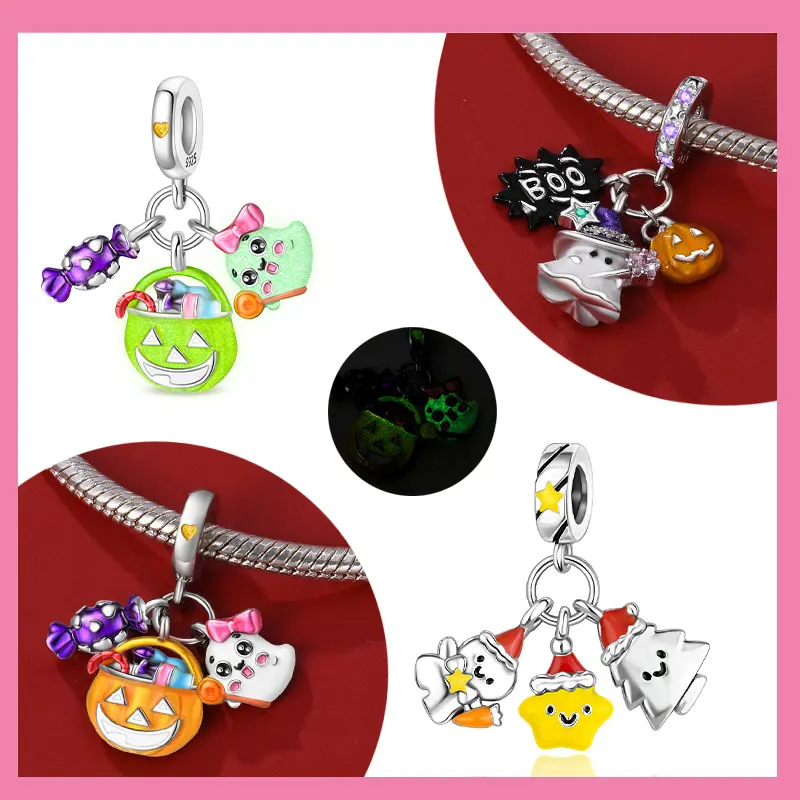 

Стерлингового Серебра 925, рождественская тыква, светящиеся подвесные бусины, подходят для оригинального браслета для женщин, ювелирные изделия на день Святого Валентина, подарки