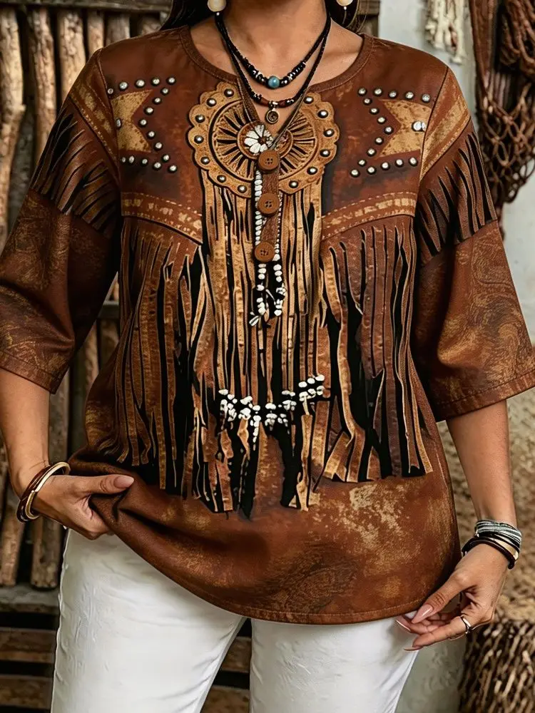 Women Owl Dreamcatcher Feather Tribal Aztec Geometric Print Blouse Notch V Neck 3/4 Sleeve Button Loose Casual Top