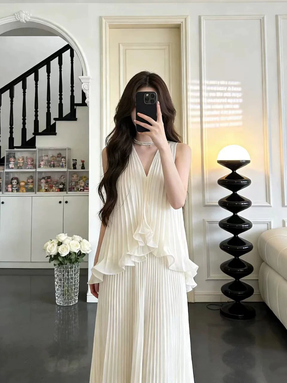 

Summer Beautiful Lace Pleated Sleeveless Top And Half Skirt Holiday Outfit Two Piece Set Women Loose Fit Knittedwear