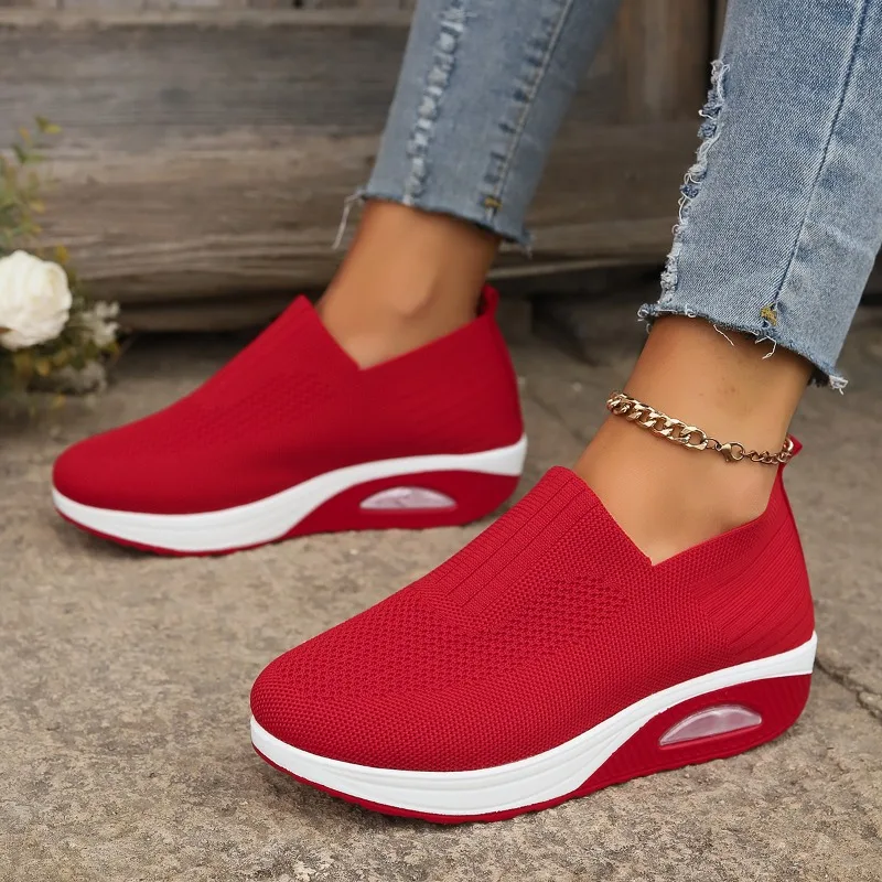 2024 New Flats Shoes Womens Summer Autumn New Large Women's Knitted Thick Sole Comfortable Breathable Casual Sports Shoes