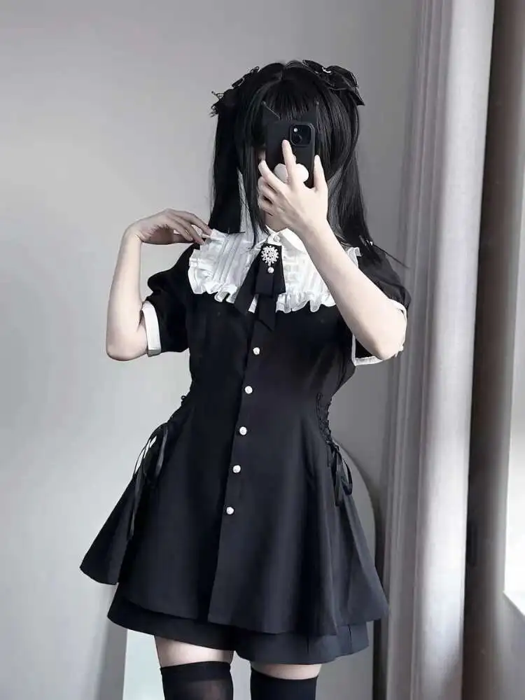 Harajuku Sweet Bow Black Plaid Dresses All-match Slim Fit Kawaii Lolita Dress For Women Autumn New Long Sleeve Vestidos