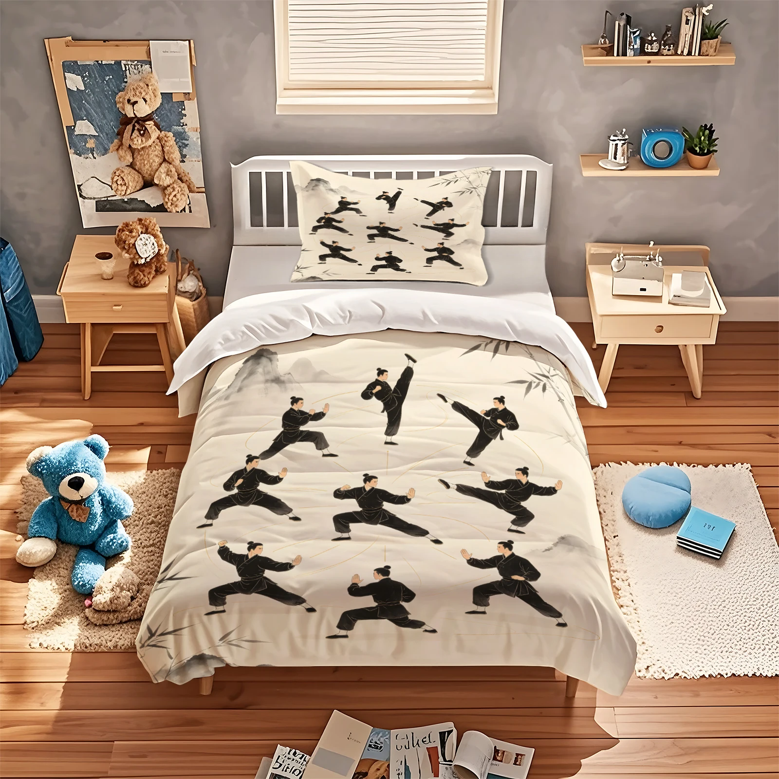 Tai Chi Martial Arts Character Duvet Cover Set Oriental Chinese Kung Fu Ink‑Painting Style Bedding Set Quilt Cover Bedroom Decor
