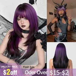 Ombre Purple Black Synthetic Wigs Long Straight Layered Purple Hair Wigs with Bangs Multicolor Cosplay Christmas Wigs For Women