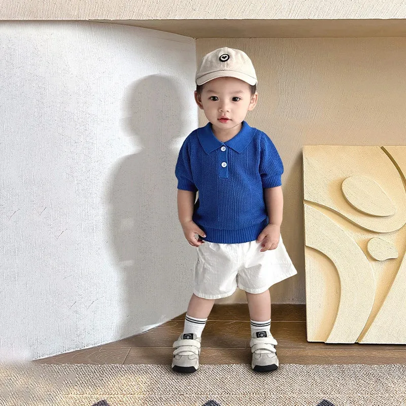 

Children's Summer Fashion Polo Shirt And Shorts Set for Boys Stylish Hollow out Design Short Sleeve Two-Piece Outfit
