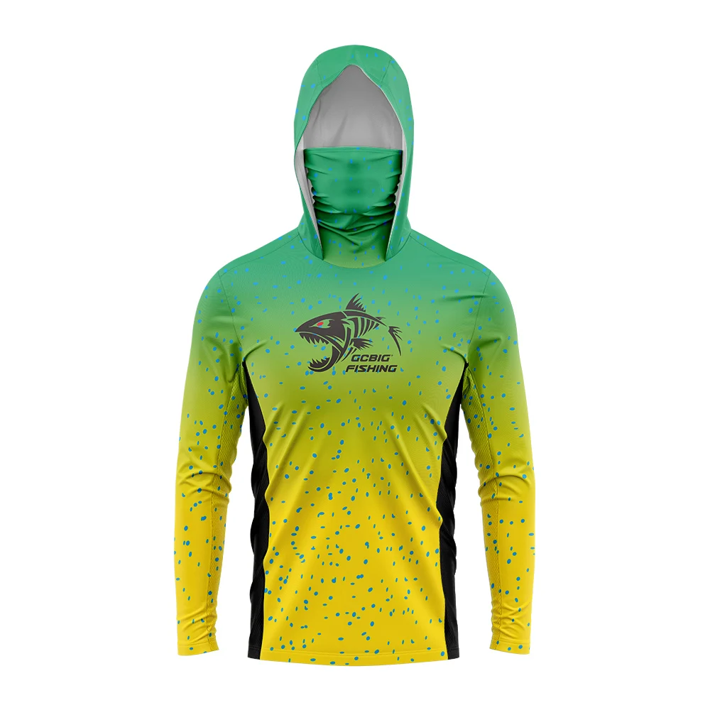 Gradient Green‑Yellow Skeleton Fish Men Fishing Hooded Shirt Built‑in Face Cover Sun Protection Quick‑Dry Long Sleeve Tops