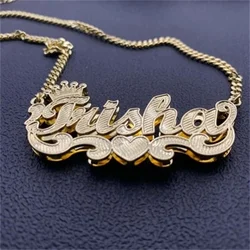 Custom Name Necklace Double Crown Heart Personalized Gold Plated Name Necklace Pendant Mother's Day Gift Jewelry For Women Chain