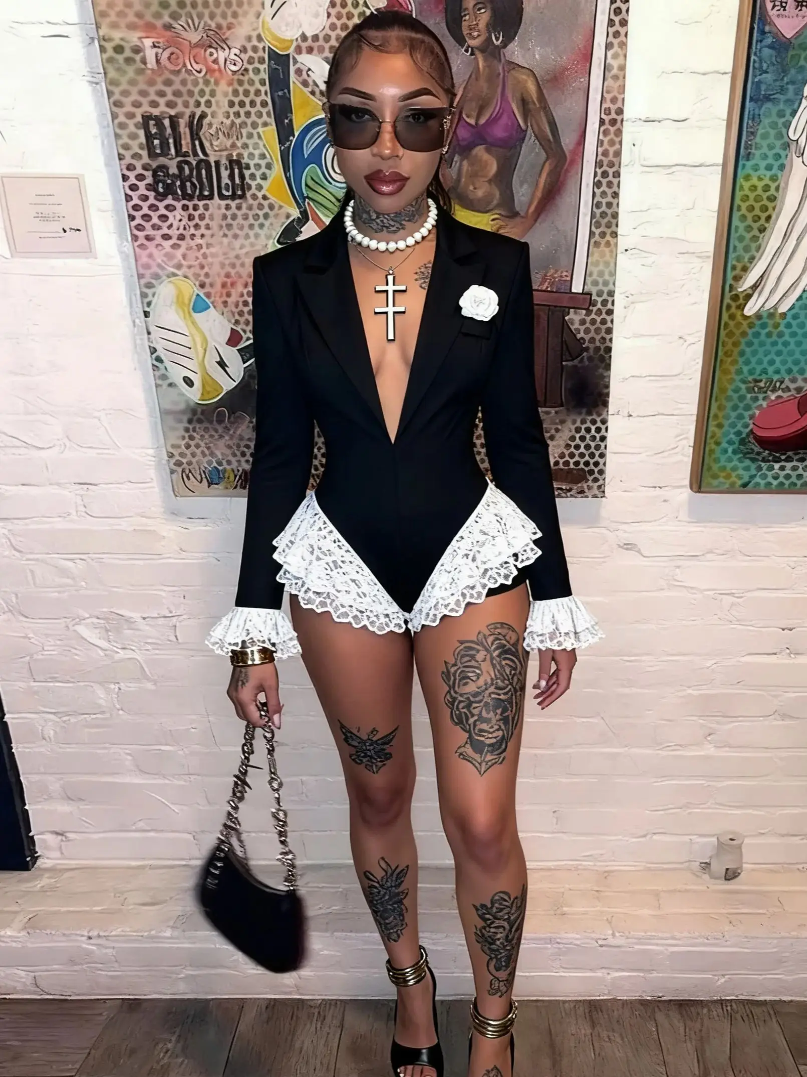 

Cutenew многоуровневое боди с рюшами, женское сексуальное жаккардовое боди с глубоким v-образным вырезом и лацканами в стиле пэчворк, элегантная эластичная облегающая клубная одежда с длинными рукавами