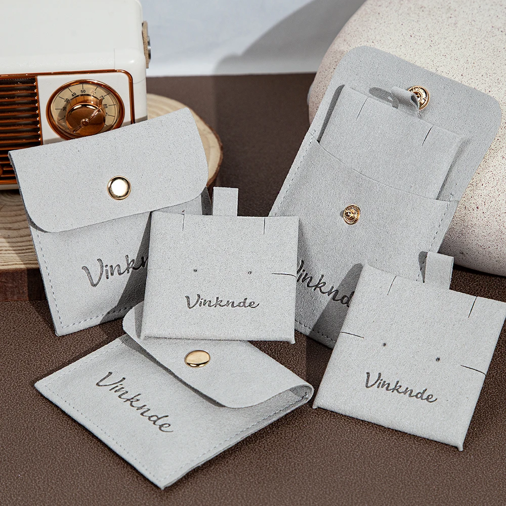 

Custom Jewelry Microfiber Snap Gold Button Bag 8x8cm Small Jewellery Pouch With Ear Card For Ring Earrings Bracelet Pendant