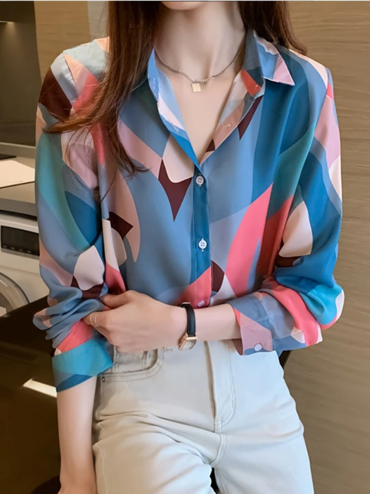 AOSSVIAO 2026 Frühling Sommer Lässige Bluse mit Umlegekragen aus farbigem Chiffon – Trendiges Damenhemd, locker geschnitten, vielseitiges Layering-Oberteil