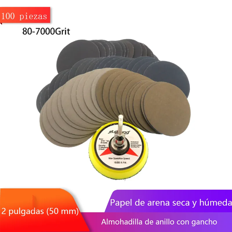 Surtido de papel de lija en seco y húmedo, disco de lijadora de grano 80-7000, 2 pulgadas, 50mm, con almohadilla de lijado de gancho y bucle para madera, 1/100 piezas