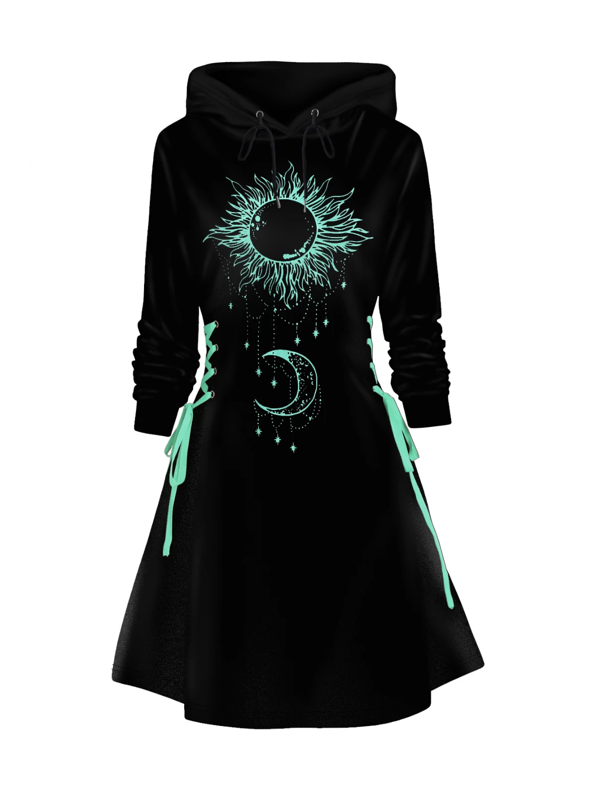 Dressfo 2025 Women\'s Hoodie Dresses Contrast Sun Moon Print Hooded Dress Lace Up Mini Dress Long Sleeve Dress