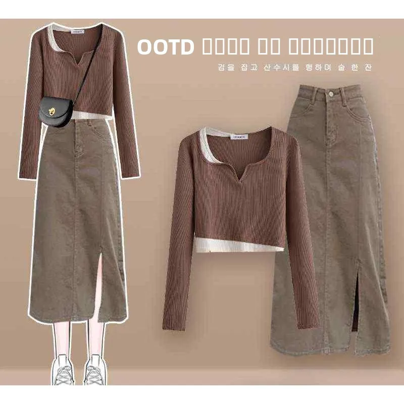 

Autumn Elegant Goddess Fan Fake Two-Piece Longsved Dress Fashionable Ensemble Seven-Quarter Sleeve Collar Zipper Closure